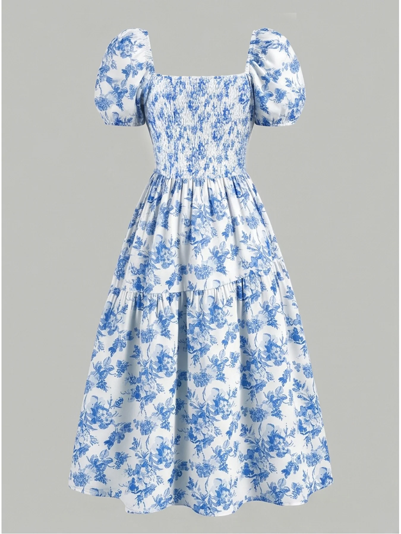 Lässiges Kleid mit Blattmuster, quadratischem Kragen, lockerer Passform, kurzen Ärmeln und tailliertem, langem Rock für Kinder und Frauen. – Detail 10