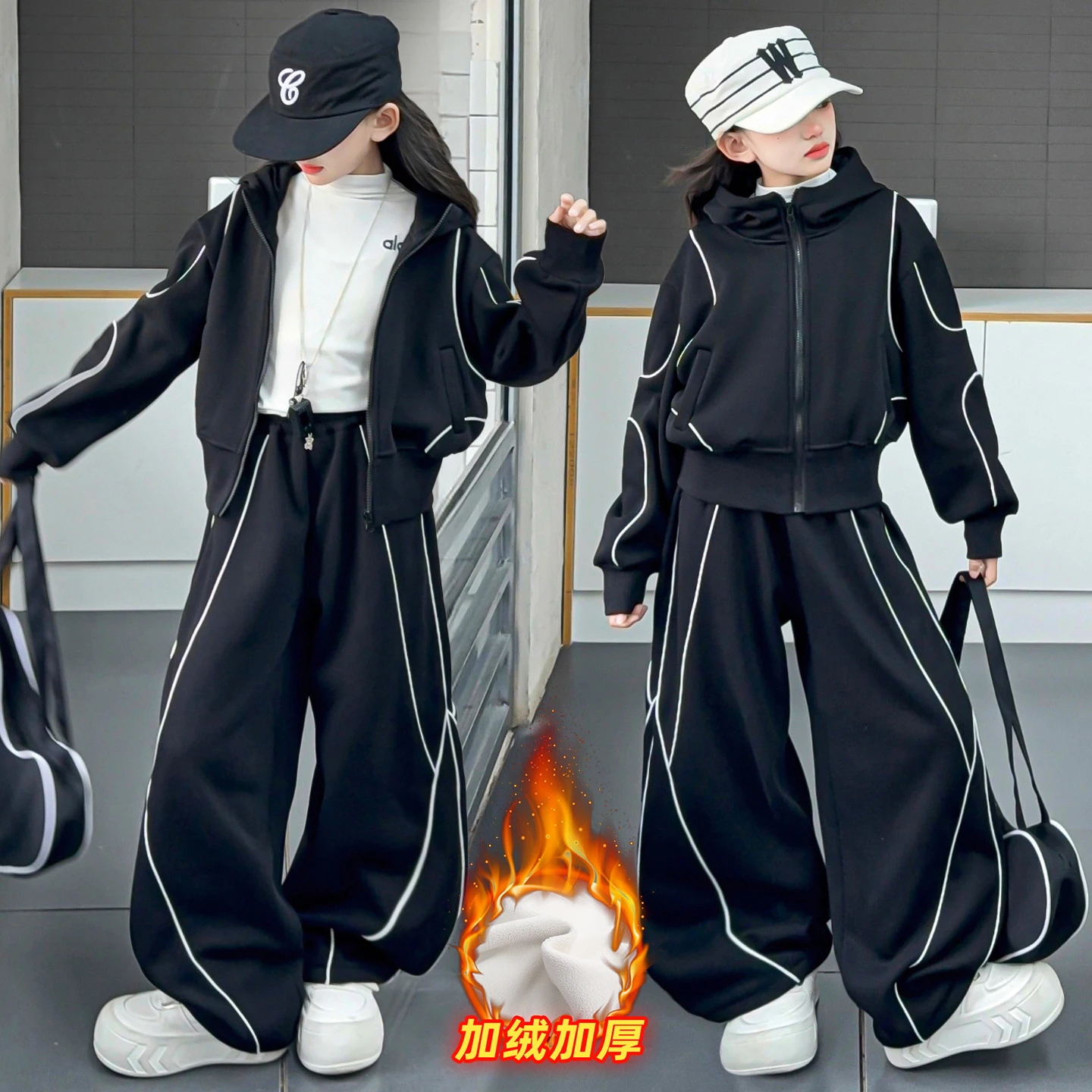 

winter teen girls warm sport clothes set Plush hooded jacket+wide-leg pants 2pcs junior kid Velvet sportswear suit child outfits