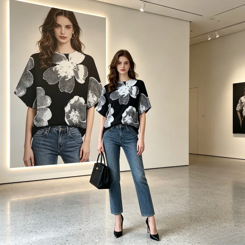 

Новая летняя плиссированная футболка Miyake с коротким рукавом, модный топ с принтом, свободный крой, большие размеры, универсальная повседневная элегантная плиссированная футболка
