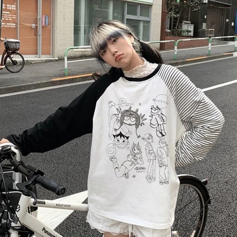 일본 애니메이션 서브컬쳐 티셔츠 여성용 O넥 긴팔 패치워크 티셔츠 하라주쿠 Y2K 스트릿 루즈핏 만화 캐주얼 탑
