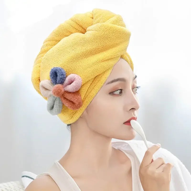 

Hair Towel Drying Hat Women Flower Cute Colorful Double-layer for Girls Microfiber Soft Thicken Quick Drying Shower Cap Kawaii
