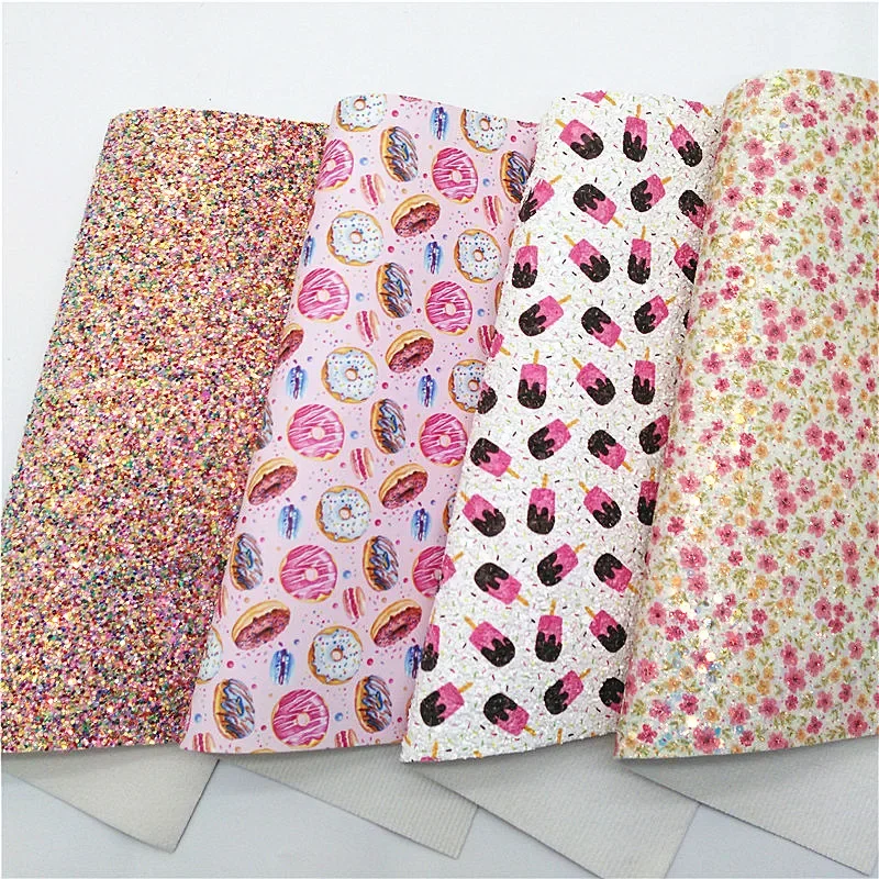 Popsicles Custom Glitter Leather Sheets Flowers Printed Glitter Fabric Donuts Custom Faux Leather For Bows DIY 21x29CM Q1207