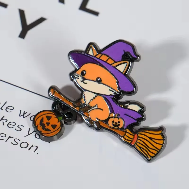 Halloween Fox Witch Enamel Lapel Pin Fox Riding Broom With Pumpkin Charm Brooch Badge for Backpack Clothing Decor Jewelry Gift