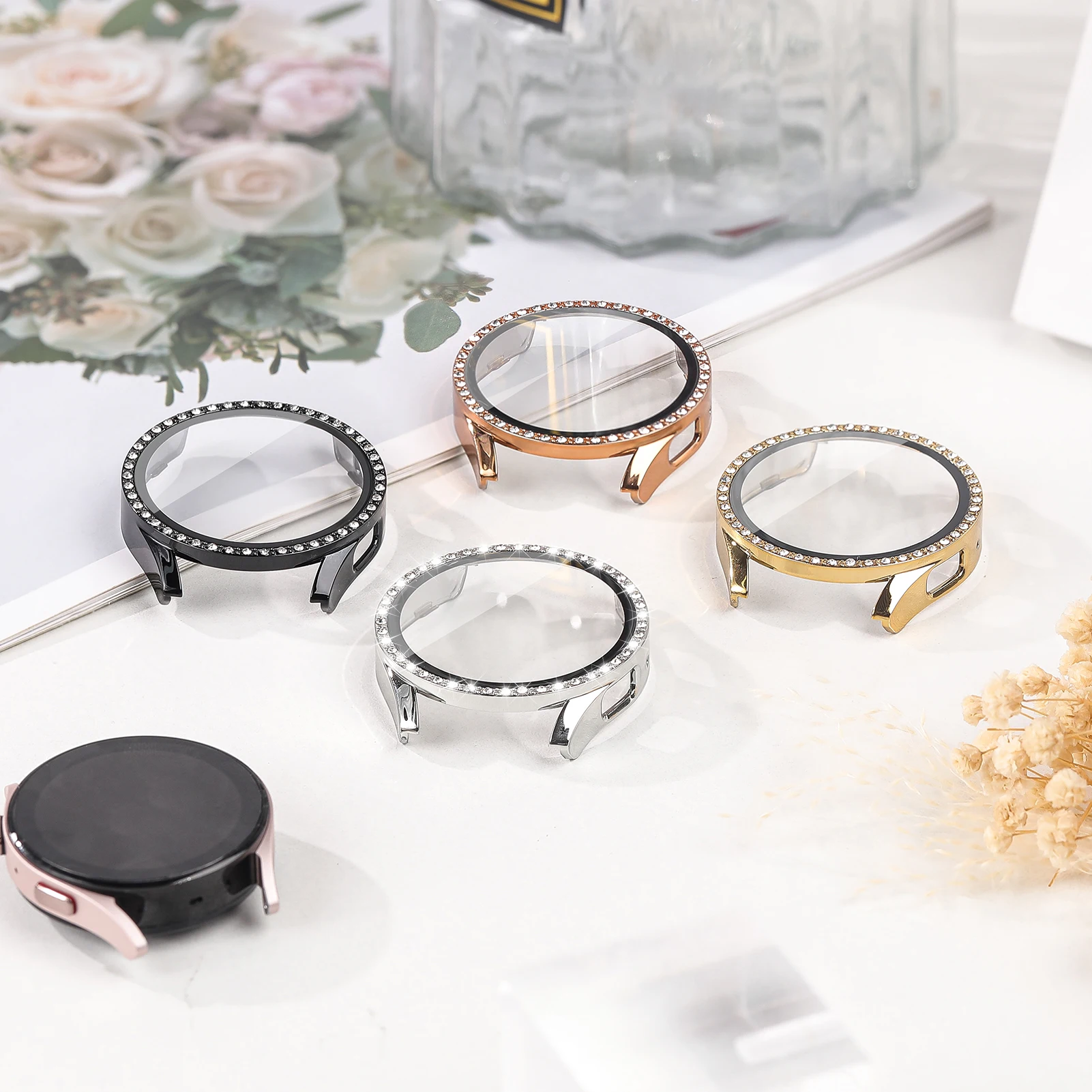 Glass+Diamond Case for Samsung Galaxy watch 7 6 5 4 44mm 40mm Accessories Screen protector all-around bumper Galaxy watch7 cover