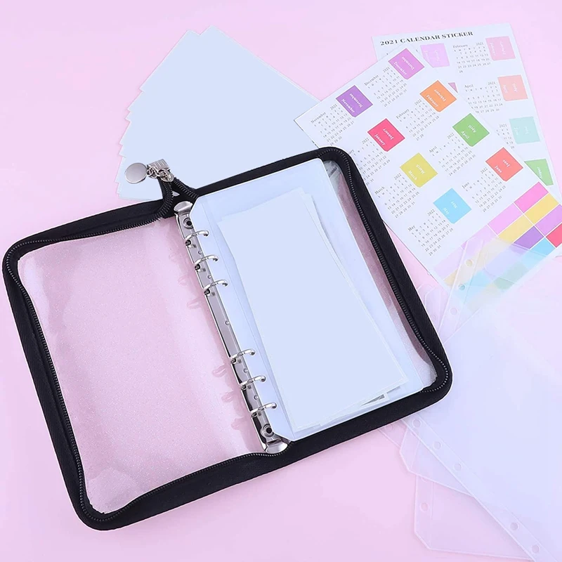 กระเป๋าสตางค์มีซิป A6 PVC แบบ A6กระเป๋าใบหลวม6ห่วงห่วงห่วงสำหรับเก็บเงินสดระบบกระเป๋าสตางค์