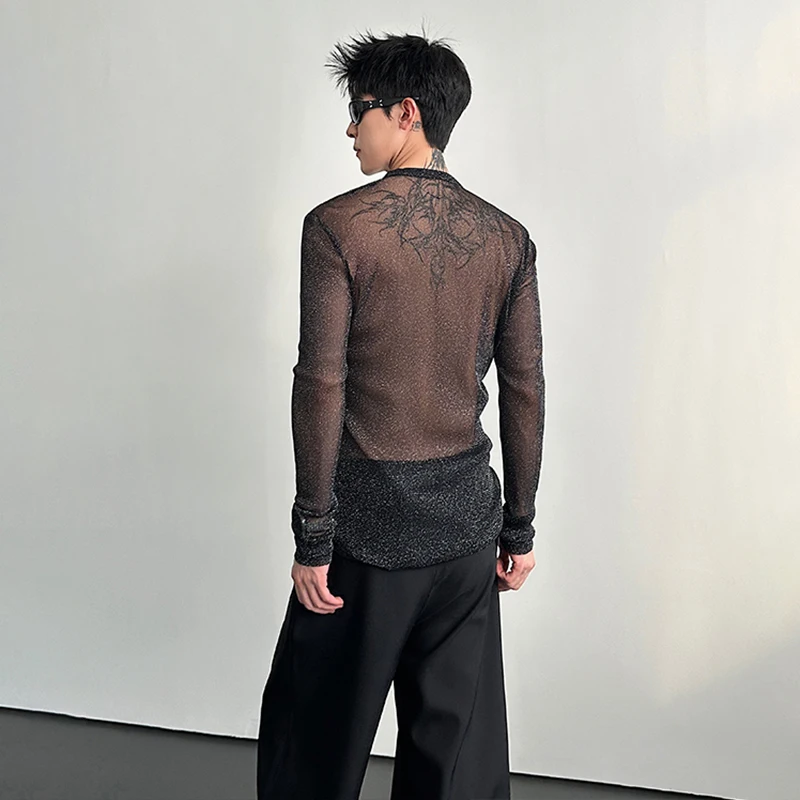 LUZHEN 2026 New Stylish Original Perspective High Quality Long Sleeve Shirts Men's Sexy Round Neck Night Club Outfit Tops JY6271