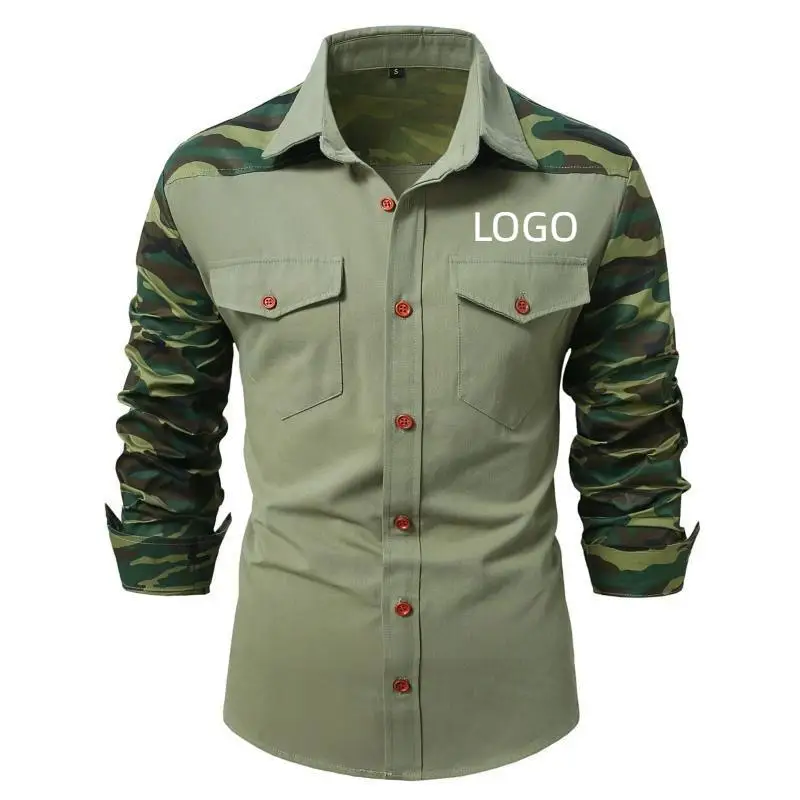 

Men's Military Outdoor Camouflage Long Sleeved Shirt Color Blocked Casual Workwear Flip Collar Shirt Printed With LOGO Pattern