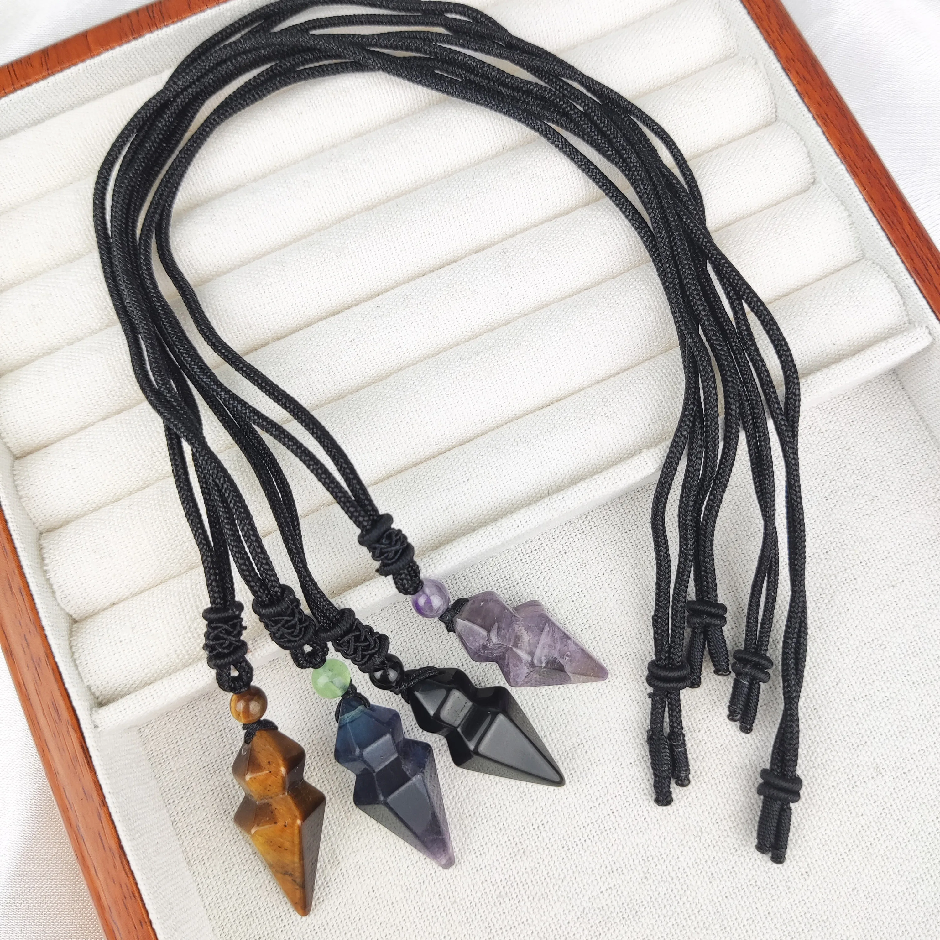 Fashion Natural Crystal Hexagonal Pyramid Stone Pendant Necklace with Black Rope Chain Jewelry for Women Men Gift