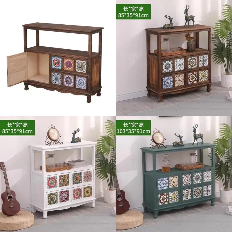 American Solid Wood Retro Dining Side Cabinet Kitchen Multi Functional Tea Rack Living Room Paint Storage Cabinet