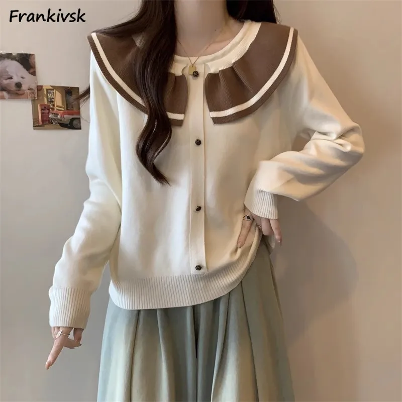 

Cute Cardigan Women Loose Sweet Peter Pan Collar Autumn Winter Knitwear Panelled Long Sleeve Spliced Preppy Style Retro Daily