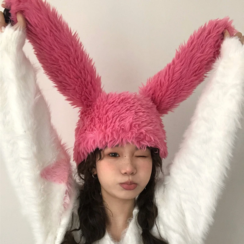 

Cute Rabbit Hats Bunny Hat Women Funny Plush Hat Velvet Winter Warm Bonnets Girls Fashion Casual Beanies Solid Bomber Hats