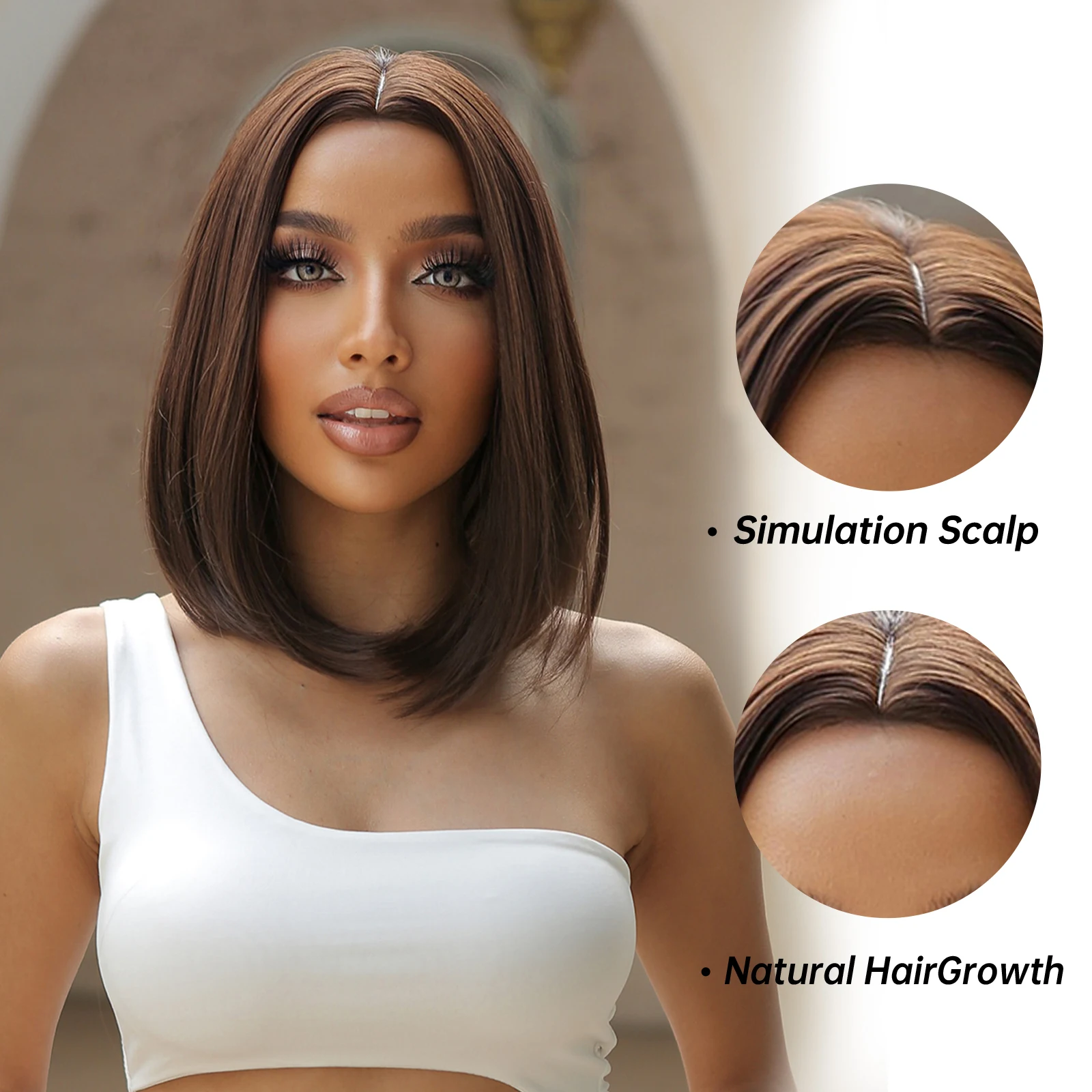 HAIRCUBE Short Brown Middle Part Synthetic Wigs for Black Women Natural Heat Resistant  Fiber Soft Straight Hair for Daily Party