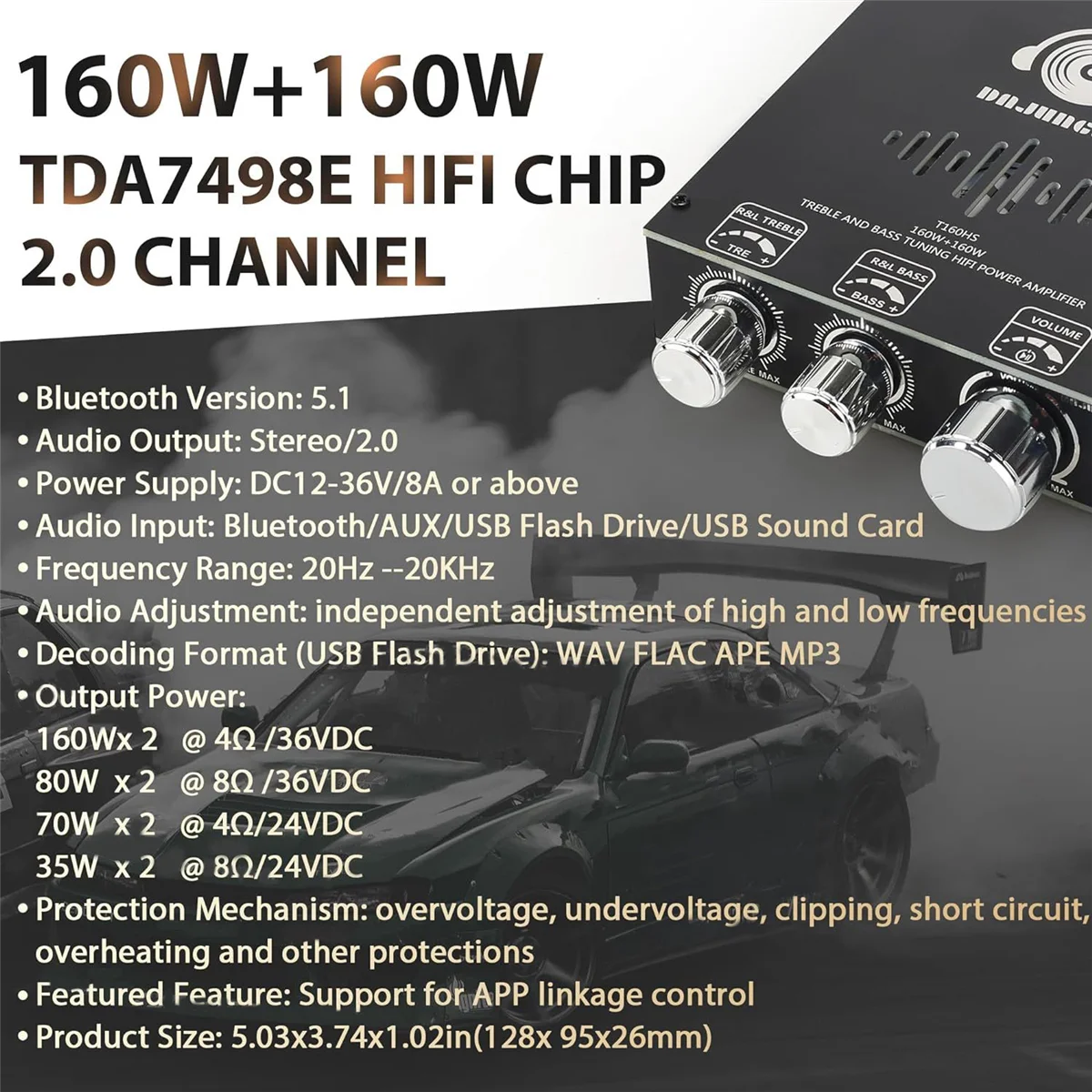 DAJUNGUO-Placa Amplificadora De Potência Com Subwoofer, Módulo Amplificador De Potência De Áudio Digital, Bluetooth, 2.0 Canal, 160Wx2,TDA7498E