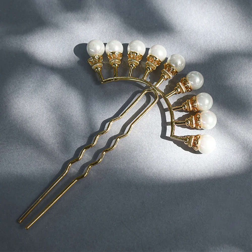 Antique Retro U-shaped Alloy Women Bridal Hair Accessories Hair Forks Hanfu Hair Sticks Pearl Row Hairpin