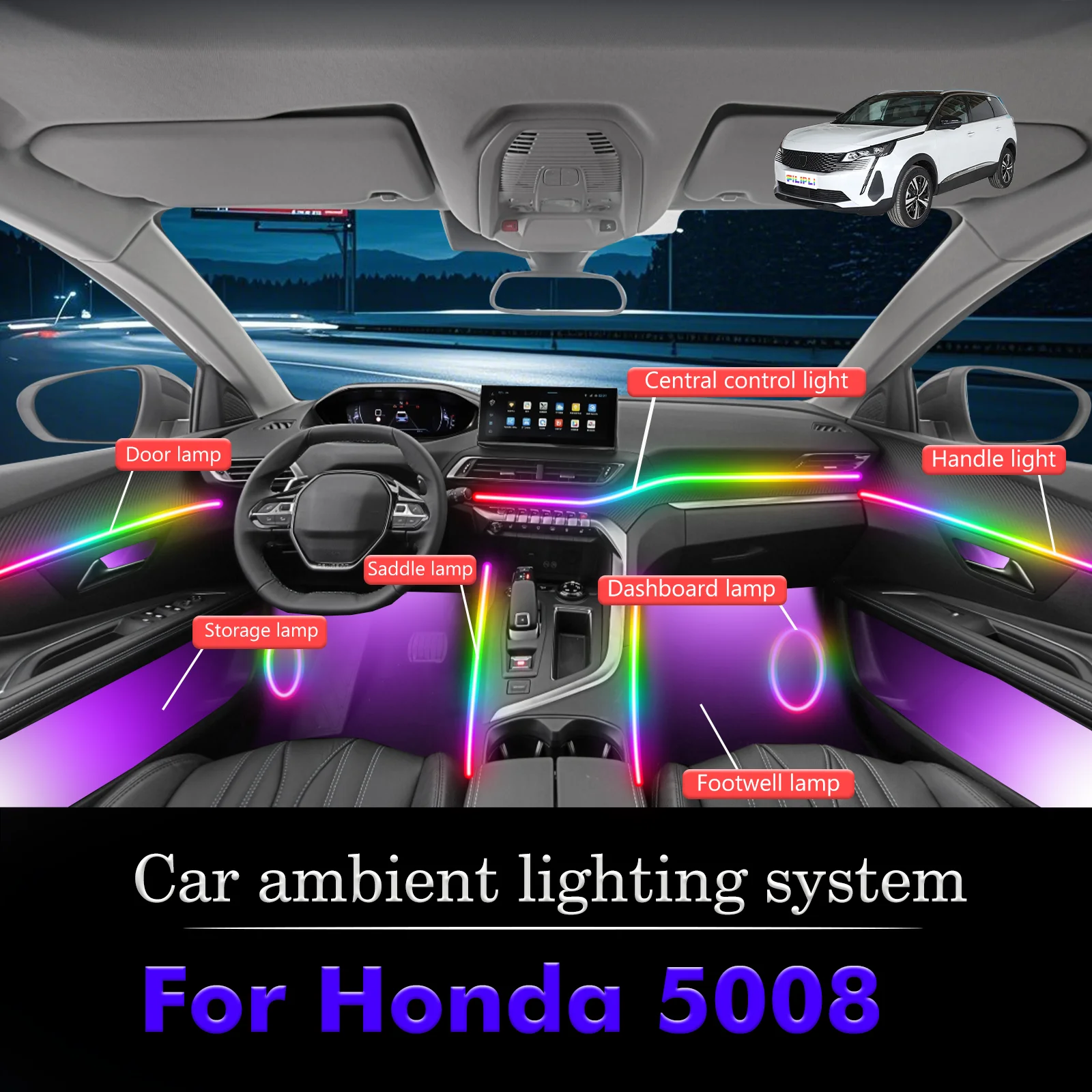 

For Peugeot 5008 Car Interior Decorative Ambient Light RGB 64-Color LED Smart Remote Control Energy Saving Set