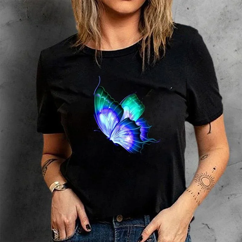 2024 New Women's Short Sleeve Top Round Neck Short Sleeve T-Shirt Butterfly Printed Sports Casual Tee Suitable for Summer Wear