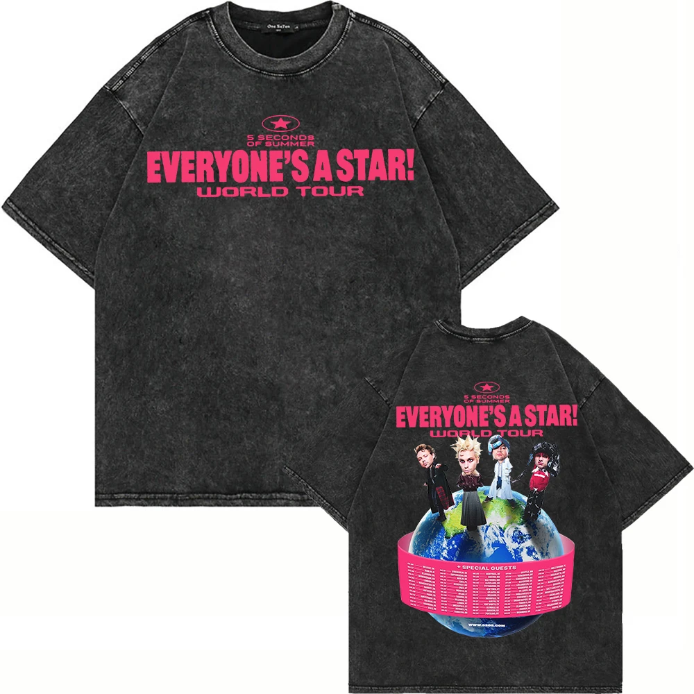 

Хлопковая винтажная футболка унисекс с эффектом потертости 5 Seconds of Summer Everyone's A Star World Tour 2026, оверсайз, свободного кроя, с кислотной обработкой