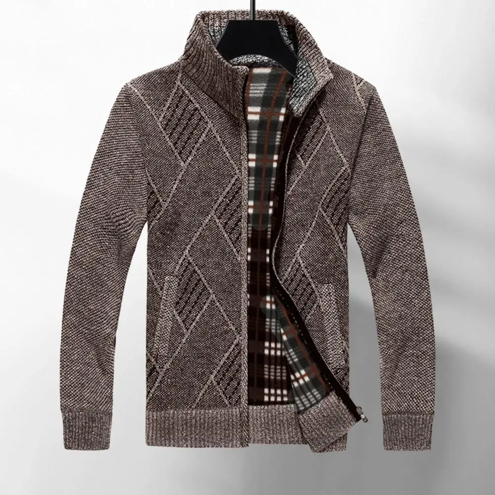 

Men Cardigan Sweater Men Sweater Jacket Stylish Men's Geometric Print Cardigan Sweater Thick Knitted Stand for Fall/winter