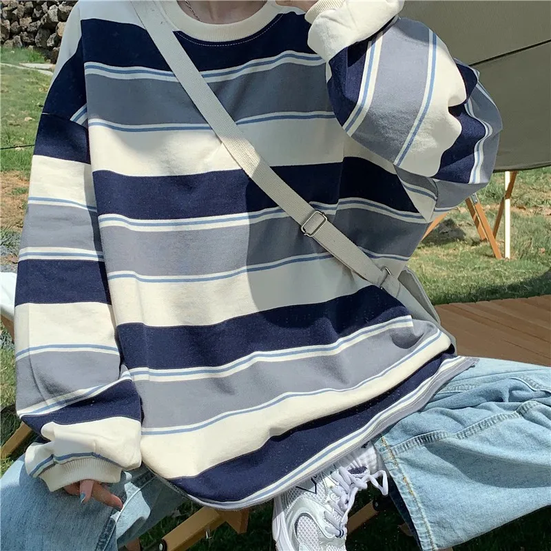 Women's Oversized Striped Blue Round Neck Printed Mid Length Brushed Fabric T Shirt Women T-shirt Woman Blouse Casual Top