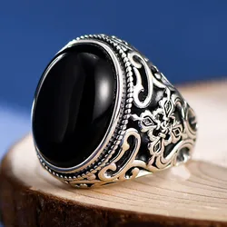 BOCAI New 100% S925 Silver Hollowed-Out Carved Lapis Lazuli/Black Agate Oval Man and Woman Ring Exaggerated Personality Gift