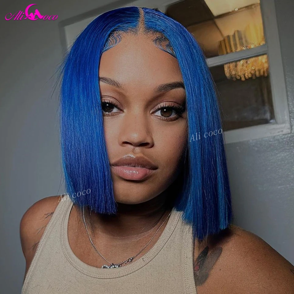 Sapphire Blue Colored Human Hair Bob Wig 13X4 Transparent Lace Frontal Wigs Brazilian Straight Short Bob Wig For Black Women