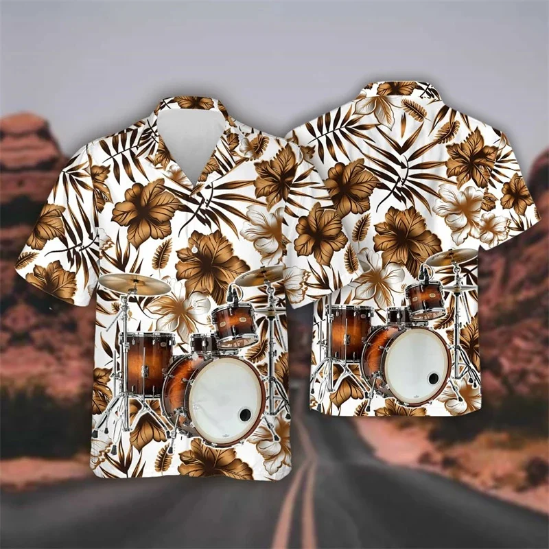 Drum Kit Graphic Shirts For Men Musical Instrument 3D Printed Short Sleeve Shirt Band Blouses Drummer Lapel Tops Hawaiian Shirts