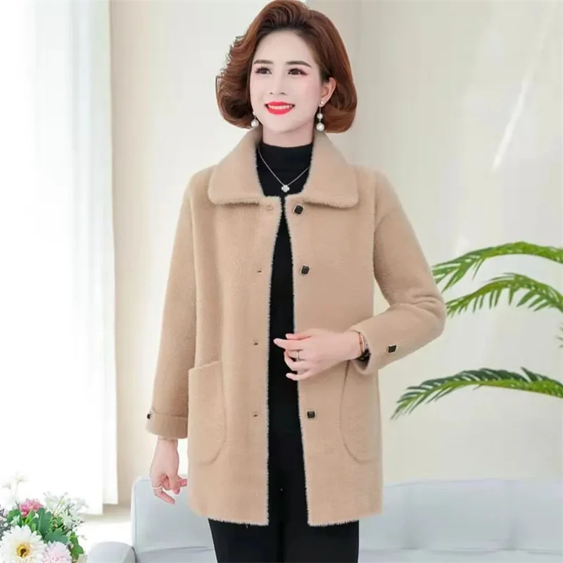 Manteau en velours Imitation vison pour mère âgée d'âge moyen, Cardigan épais et chaud, pull pour femme, veste tricotée douce, automne hiver