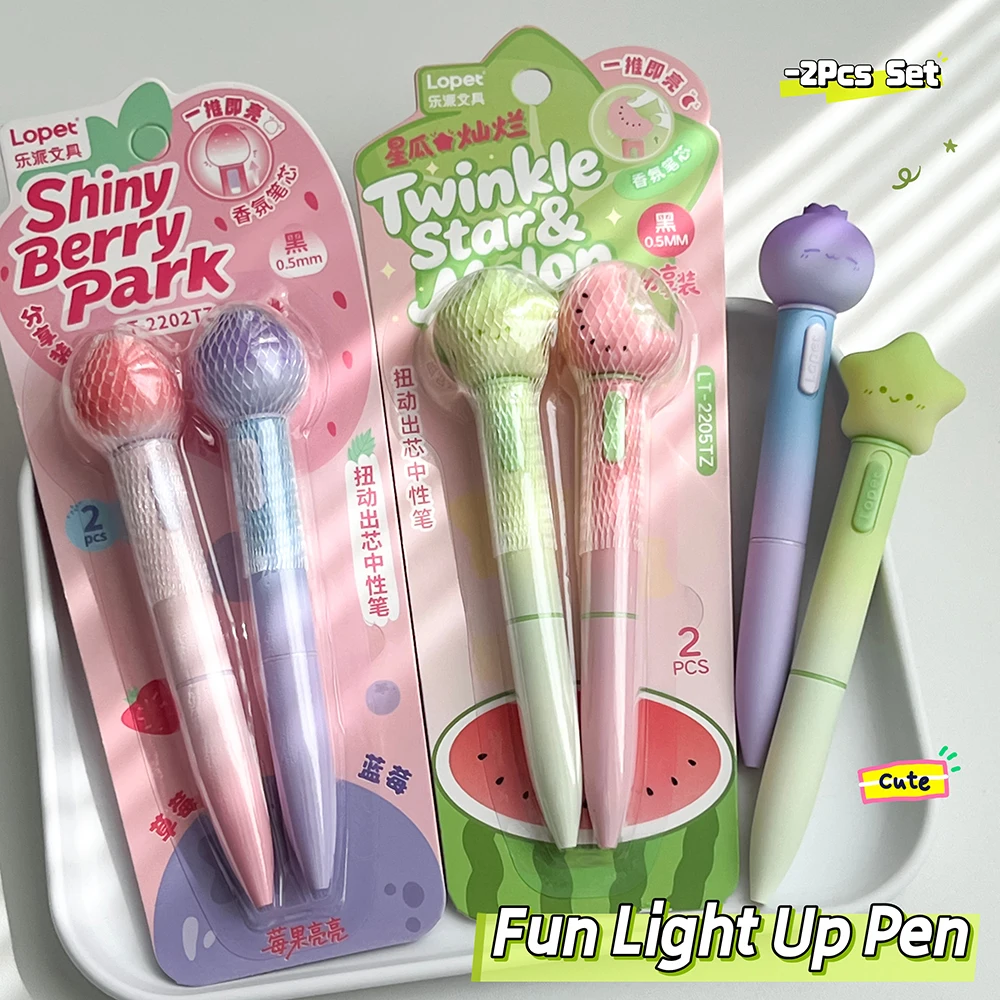 2Pcs Fun Fruit Light Up Gel Pen 0.5mm Black Quick-Dry Fragrance Pen Strawberry Watermelon Cute-Shaped Writing Pen