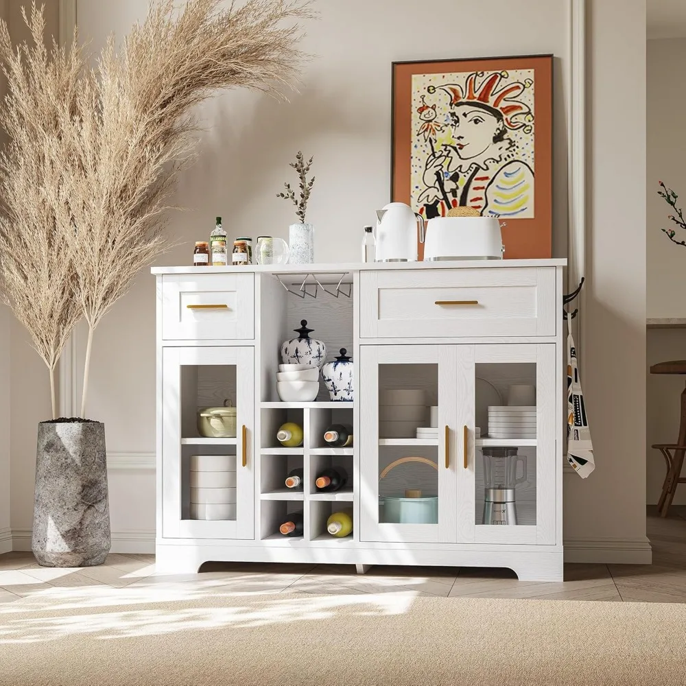 ANCTOR خزانة بوفيه جانبية حديثة مع خزانة بار النبيذ للتخزين رفوف مخرج طاقة مدمجة أبواب زجاجية خزانة جانبية للمطبخ B