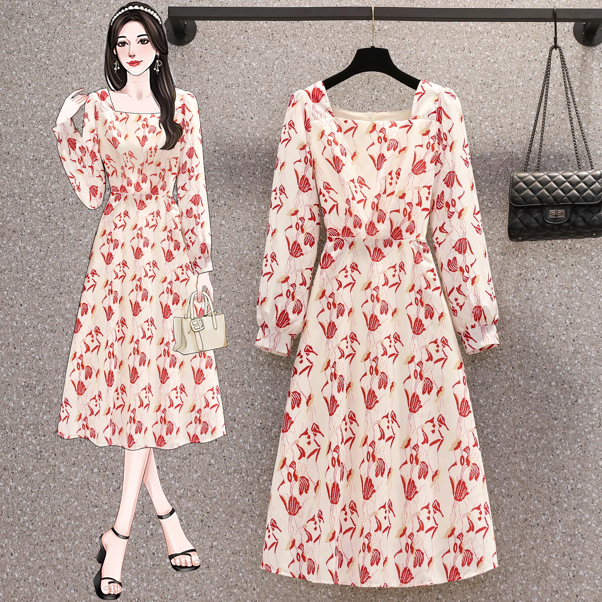 

Fall Fashion Temperament Print Elegant Women Dress Casual Square Collar Slim High Waist Office Lady Literary Versatile Frocks