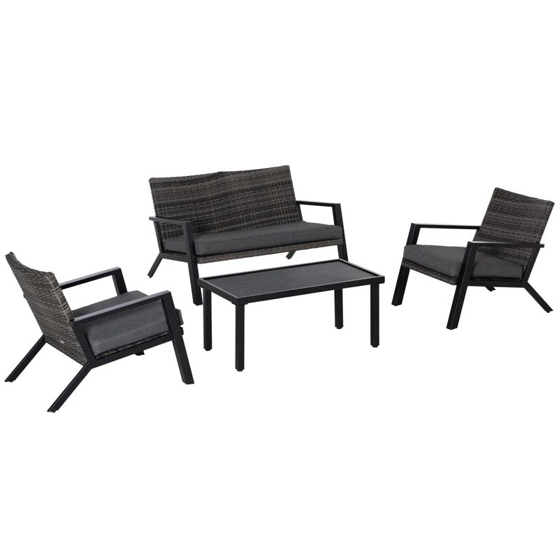 

Outsunny 4-Piece Outdoor Patio Set: PE Wicker Loveseat, Two Armchairs, Coffee Table, Black, with Cushions