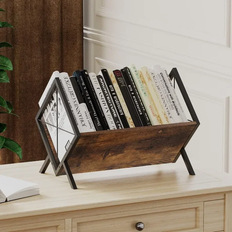 Solid Wood & Wrought Iron Vinyl Record Rack, Desktop Large Capacity Album Collection Holder, CD Disc Storage Organizer