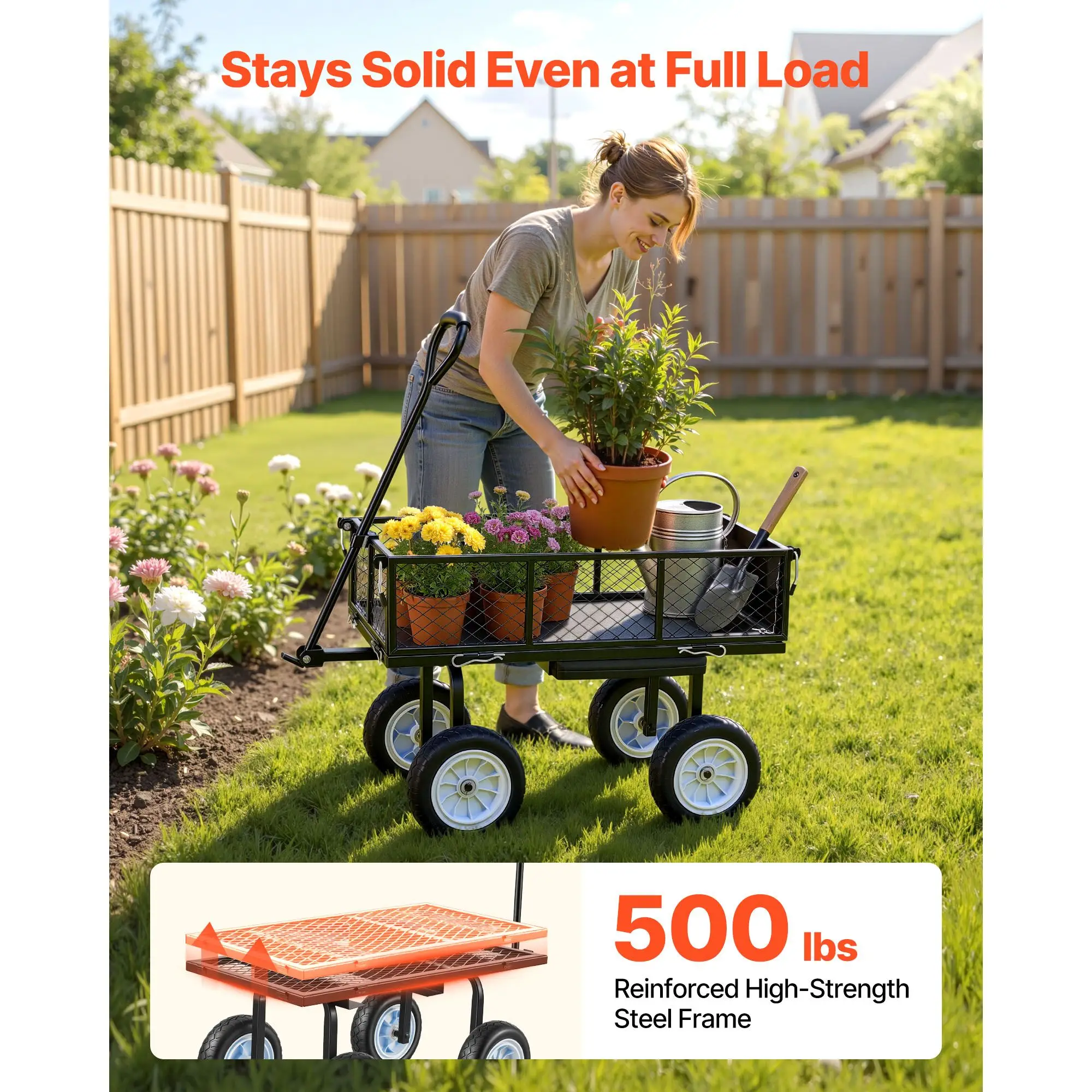 Garden Cart with Seat, 500 LBS, Rolling Steel Work Wheels, Heavy Duty Stool, Tool Tray & Adjustable Handle, Outdoor Yard Wagon