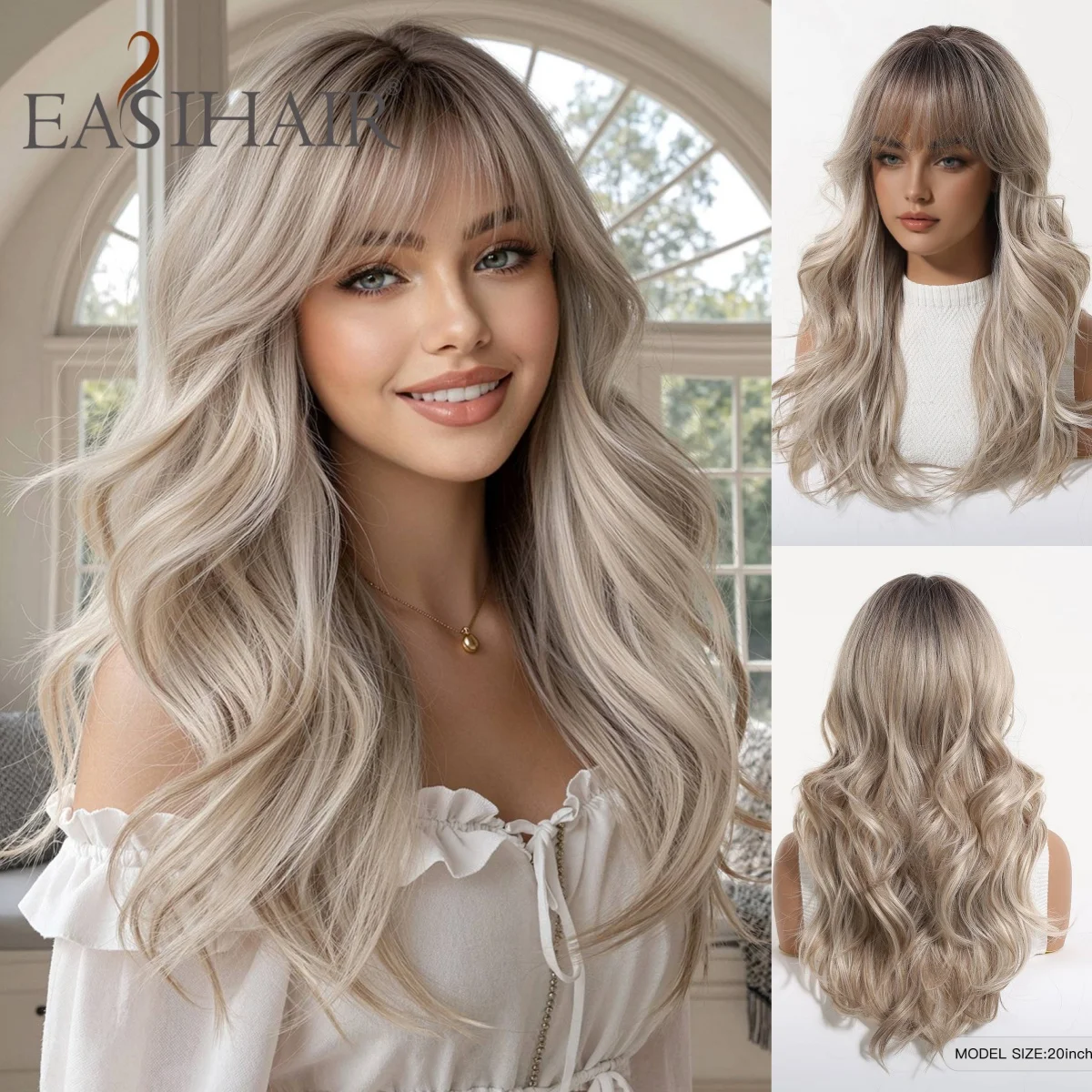 Ash Grey Blonde Long Body Wavy Synthetic Wig with Bangs 20Inch Breathable Cap Heat Resistant Wig for Women Daily Party Cosplay