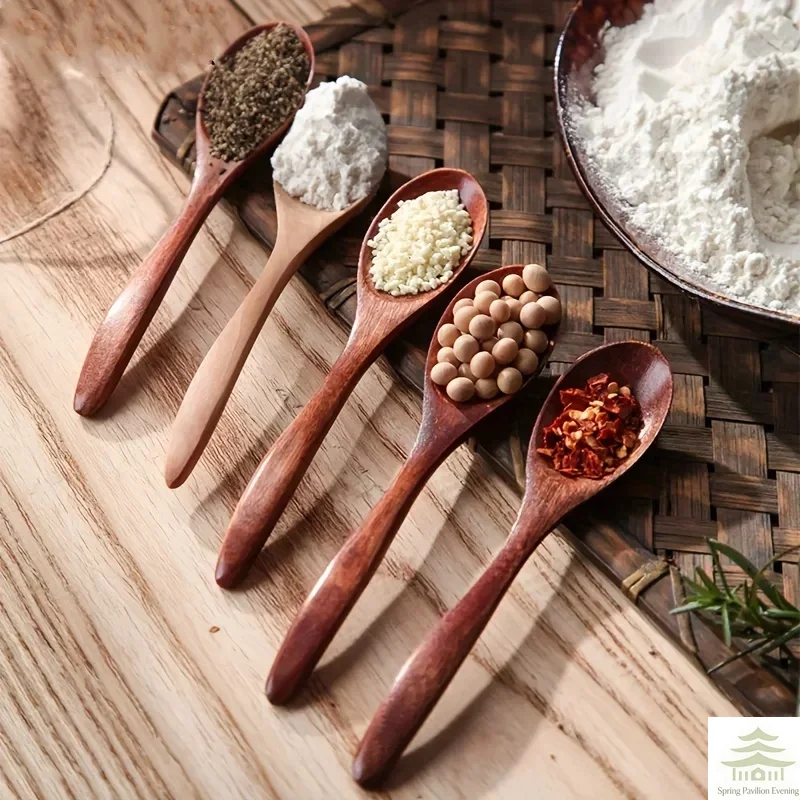 6PCS Wooden Tea Spoon Long Coffee Spoons Small Teaspoon Set Wood Honey Dessert Spoon Coffee Drink Stirrer Teaspoons Tableware
