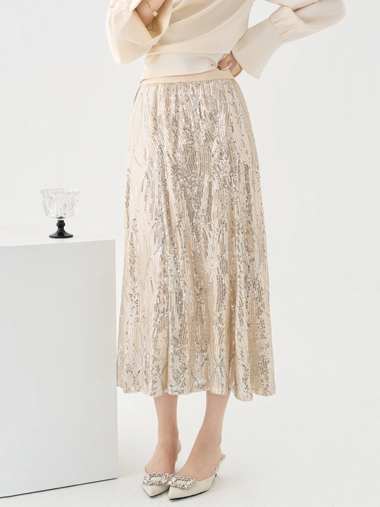 

Элегантная женская юбка-миди А-силуэта с блестящими пайетками, на резинке, из полиэстера, весна 2026, модная женская одежда