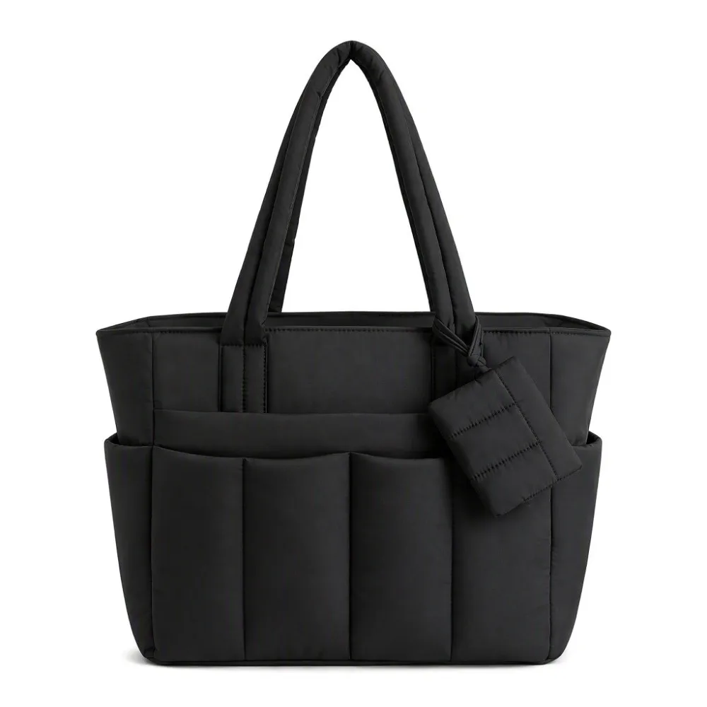 30L Capacity Quilted Tote Bag Laptop Compartment Multi Pocket Business Bag Machine Washable Front Hidden Pocket Nurse Tote Bag