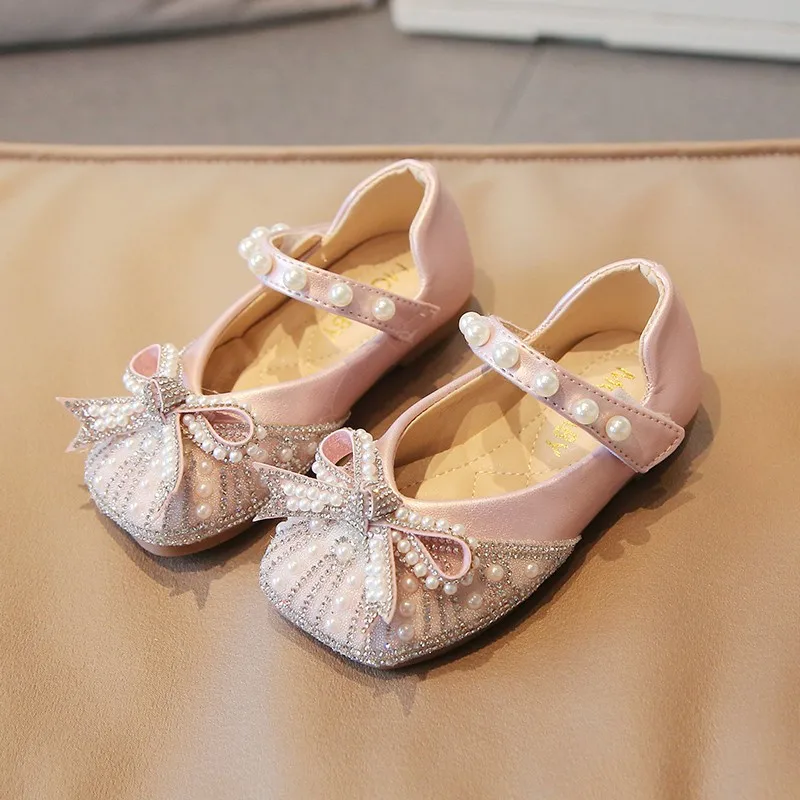 Girls Rhinestone Leather Shoes Sequins Pearl Bow Kids leather shoe Princess Shoes Children  Soft Sole Shoe