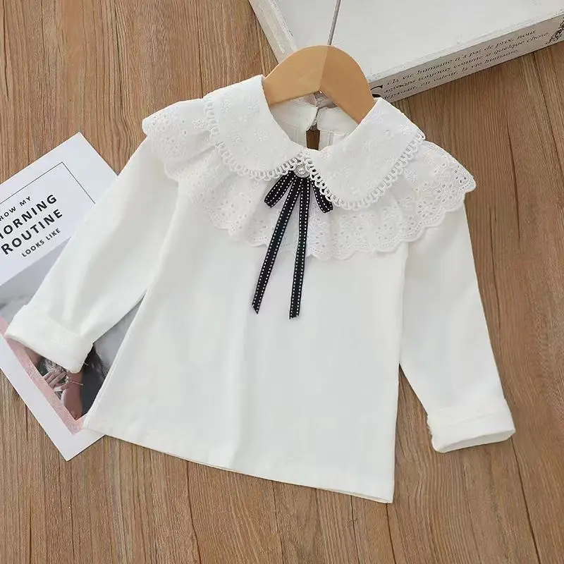 Girls White T-shirt top Autumn Children\'s Lapel Shirt Middle And Big Girls Standing Collar Lace Long-sleeved Bottom Shirt