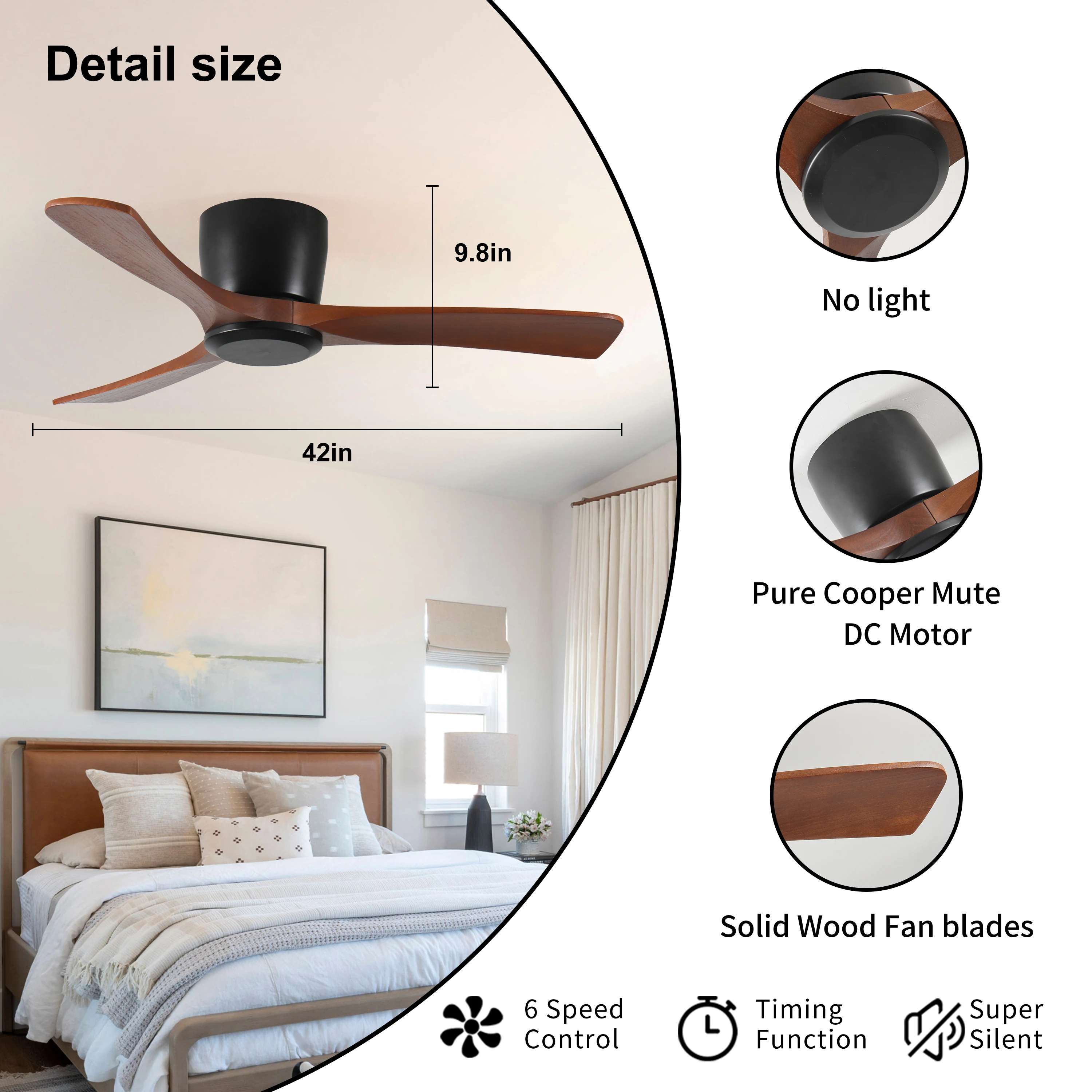 42 Inch Ceiling Fan no light with Remote Control, Low Profile Flush Mount Ceiling Fan without Light,Noiseless Reversible DC Moto