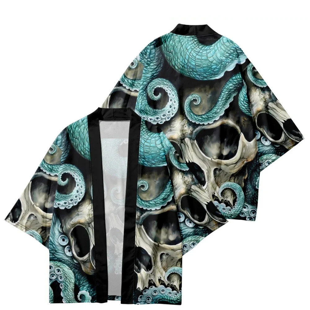 Difilfish Monstro do Mar Crânio Impresso Cardigã Samurai Quimono Feminino Haori Yukata Roupas Tradicionais Japonesas