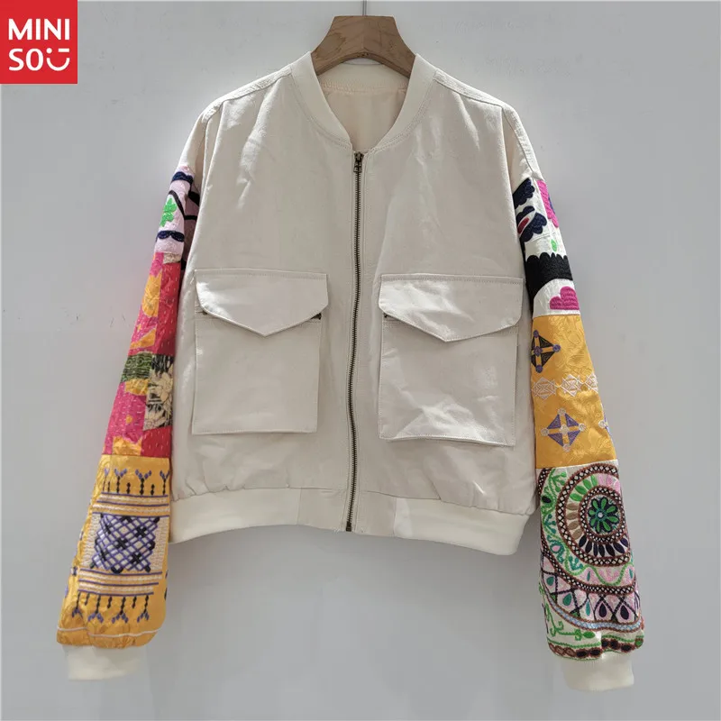 

Miniso 2025 Autumn Women's Baseball Jacket, Heavy Duty Color Block Embroidery Coat