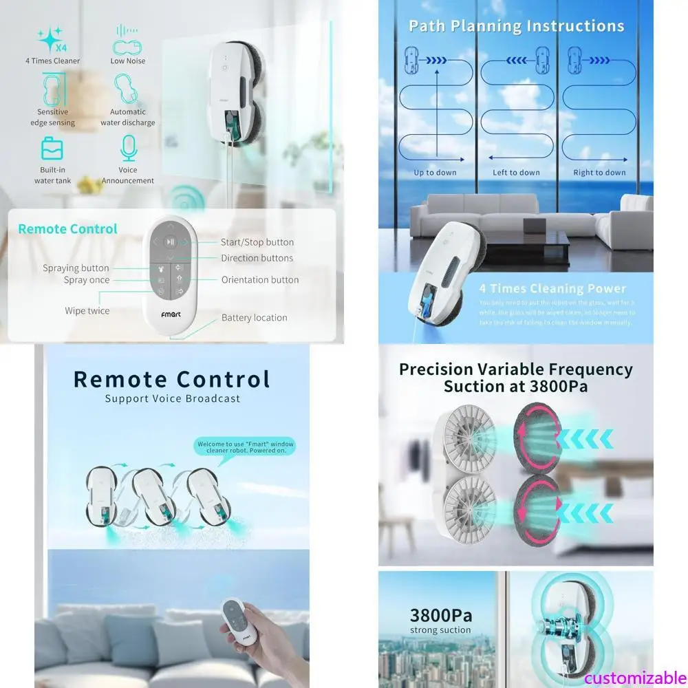 

AI-Powered Window Cleaning Robot with Ultrasonic Mist Spray and 3800PA Suction for Intelligent Path Planning
