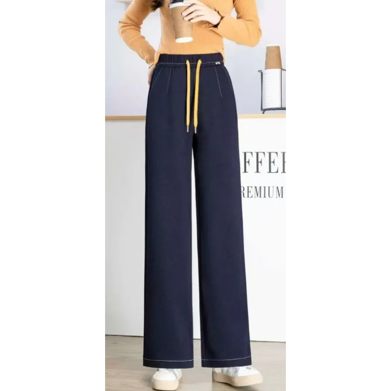 Nuovi pantaloni a gamba dritta casual a vita alta in denim Tensi primavera autunno per pantaloni con coulisse in vita elastica da donna e linea luminosa