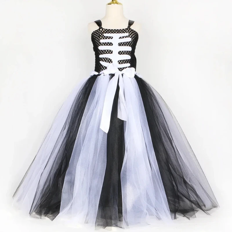 White Black Skeleton Halloween Costumes Girls Scary Ghost Long Tutu Dress Kids Dead of The Day Carnival Outfit with Lace Sleeves