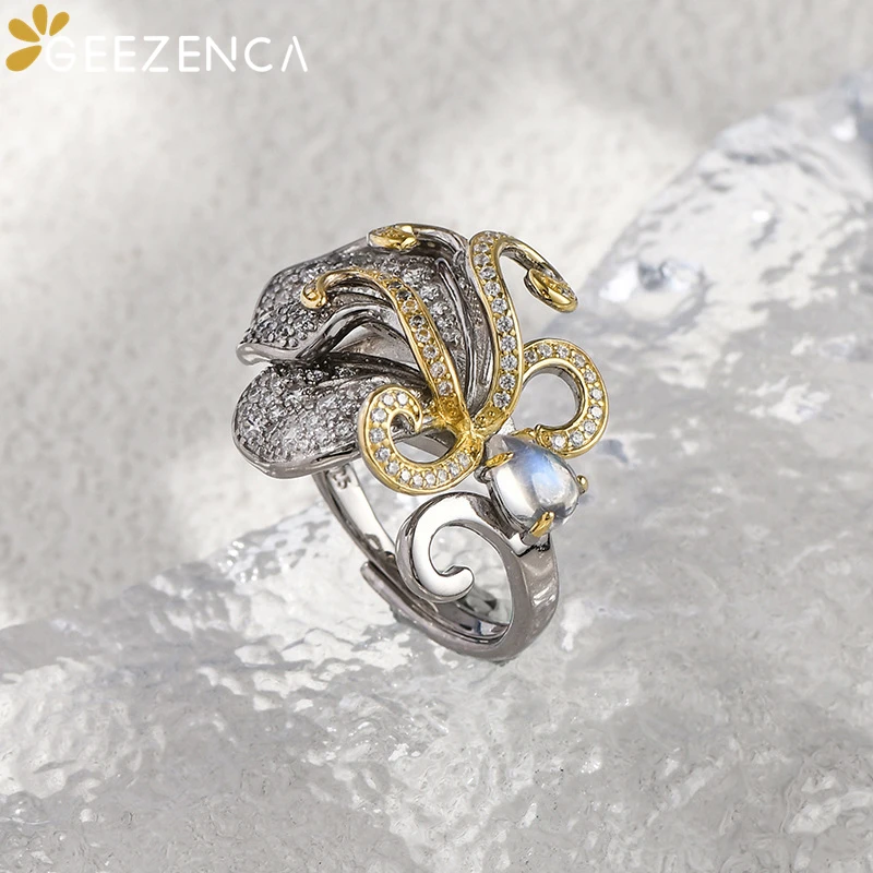 GEEZENCA Natural Moonstone 925 Silver 5A Zircon Butterfly Rings For Women Two Tone Exaggerated Big Cocktail Luxury Ring 2023 New