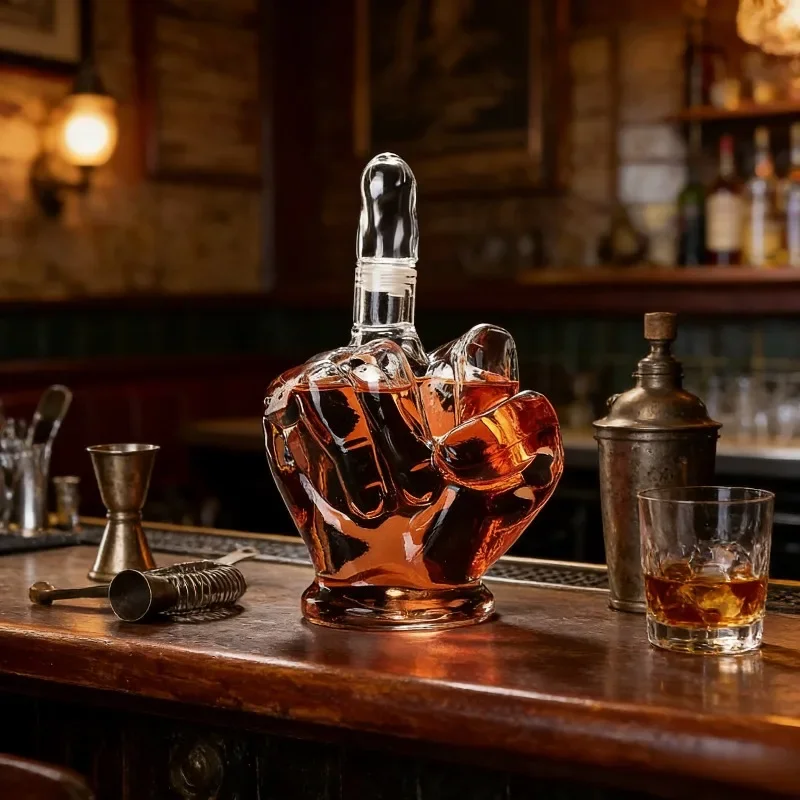 Novelty Hand Shaped Glass Liquor Decanter with Whiskey Glasses Clear Wine Bottle for Bar Counter Home Decor Holiday Gift