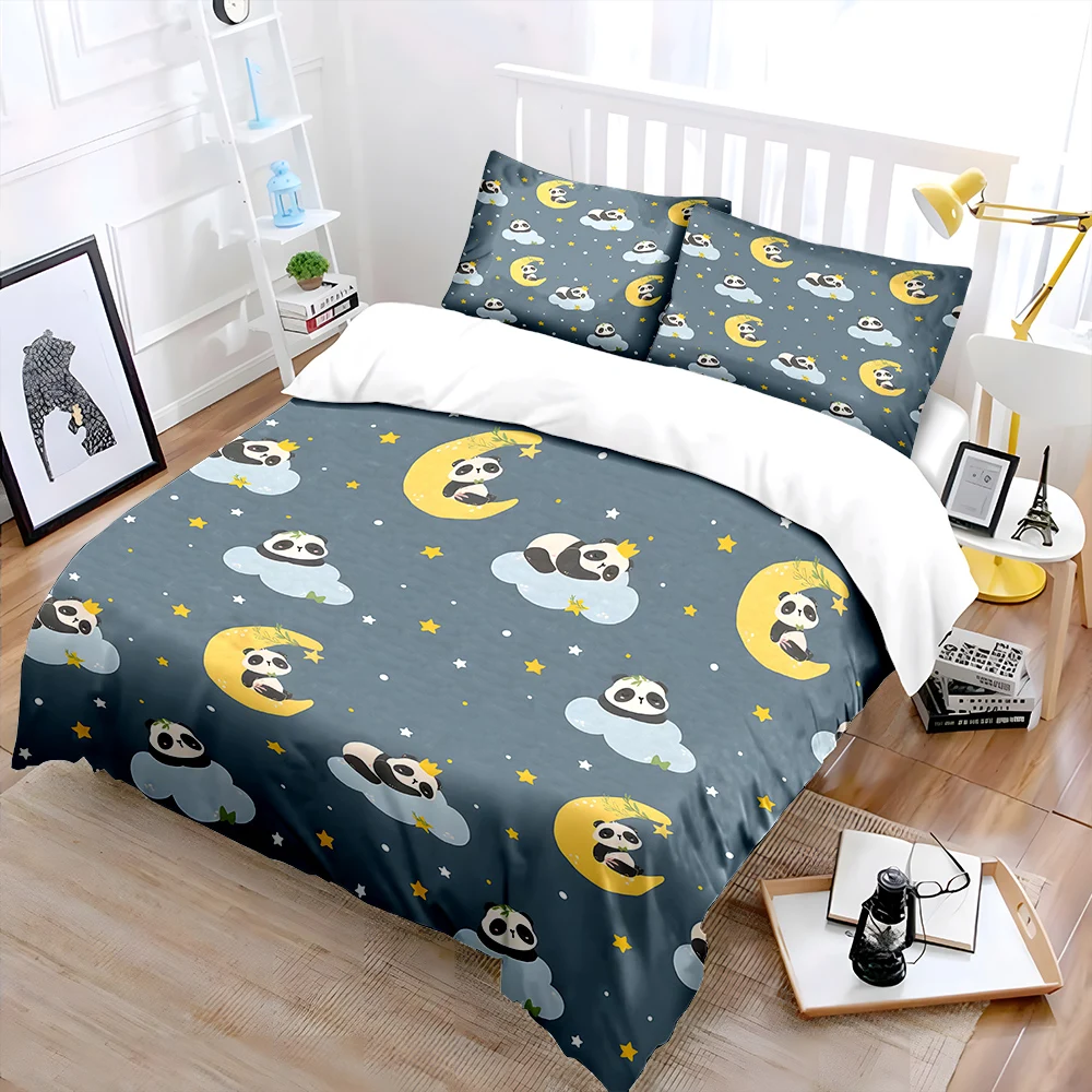 Sleeping pandas with moon pattern Print Bedding Set 1 Duvet Cover 2 Pillowcases for Adult and Children Luxury Gift Full Size