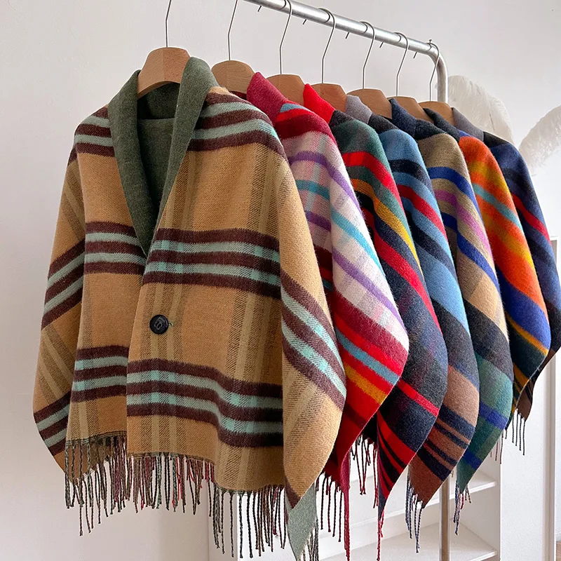 New Women's Autumn and Winter Scarf with Tassels Wool Cape Reversible Shawl, Multifunctional Warm Neck Warmer