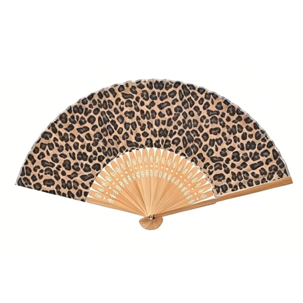 Stylish Leopard Leopard Print Folding Fan Bamboo Frame Lightweight Portable Vintage Handheld Fan Elegant Party Hand Fan